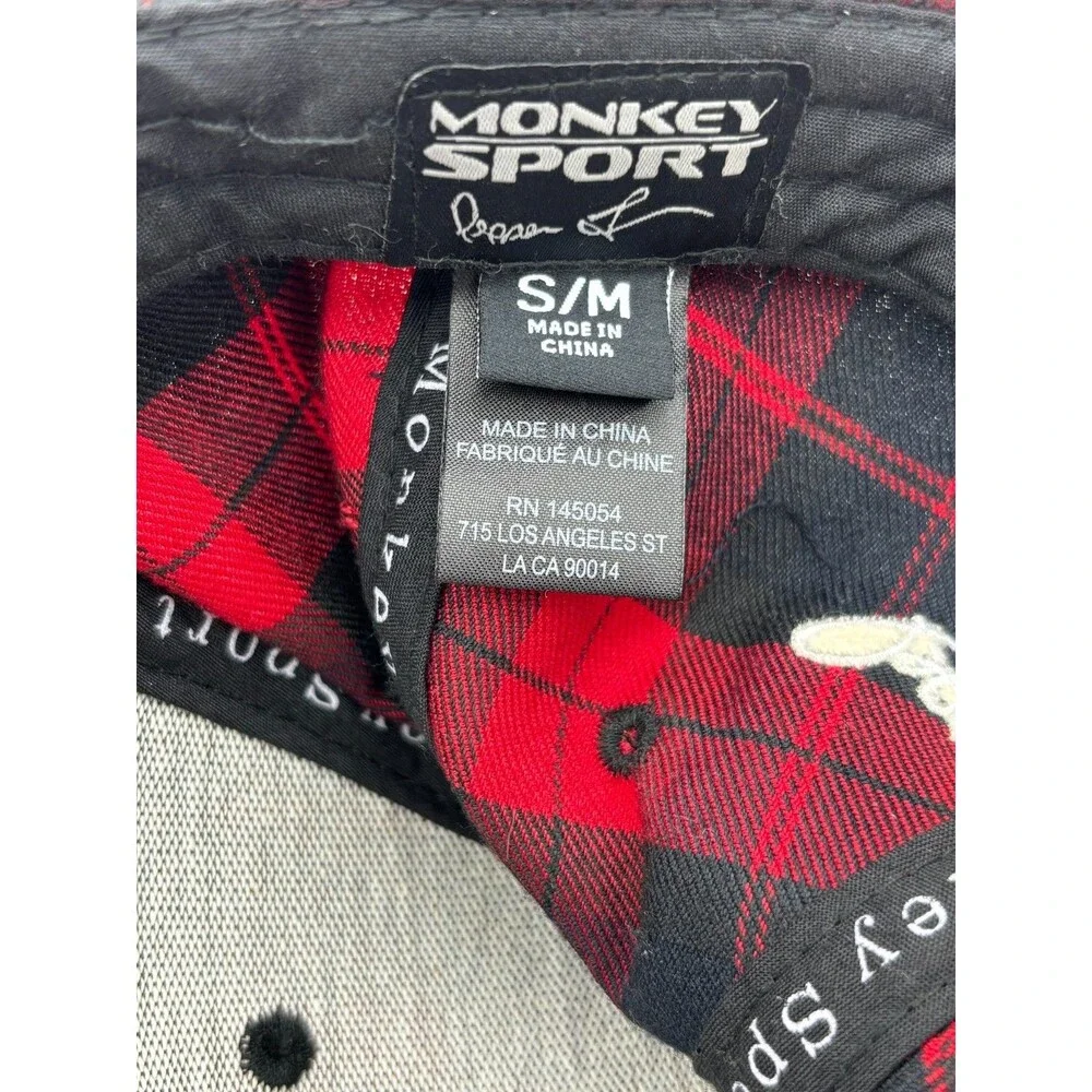 Monkey Sport Plaid Hat S/M Red Black Tartan Baseball Cap NWT Embroidered Monkey